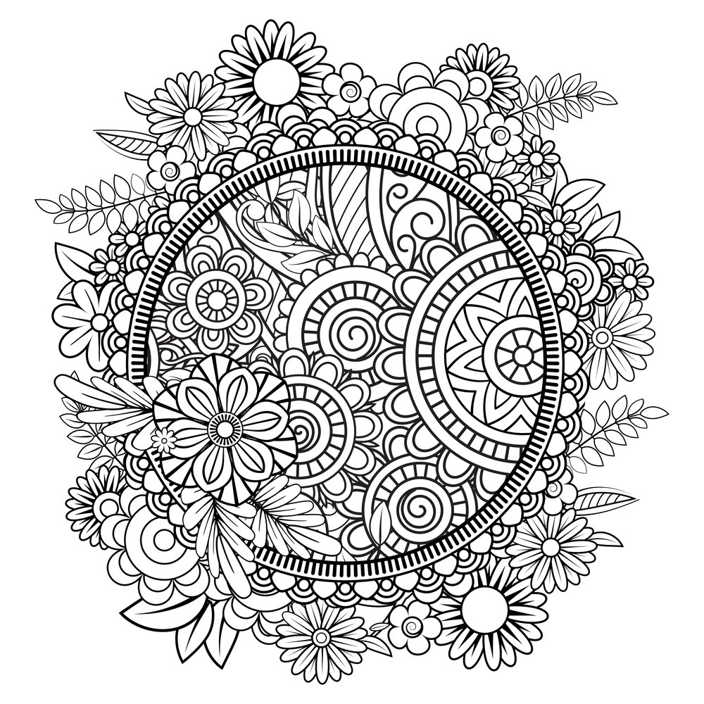 Adult coloring page with flowers pattern. Black and white doodle wreath. Floral mandala. Bouquet line art vector illustration isolated on white background. Round design element. Floral Mandala Pattern