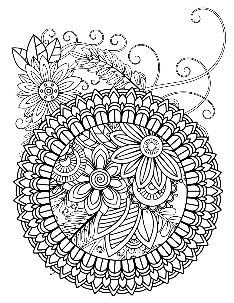 Floral mandala pattern in black and white. Adult coloring book page with flowers and mandalas. Oriental pattern, vintage decorative elements. Hand drawn vector illustration. mandala adult coloring pages