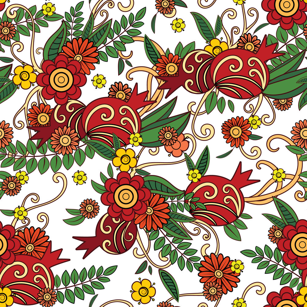 Pomegranate seamless pattern. Floral vector repeat pattern with decorative pomegranate fruits, flowers and leaves. Isolated on white background. Vector illustration. Pomegranate seamless pattern.