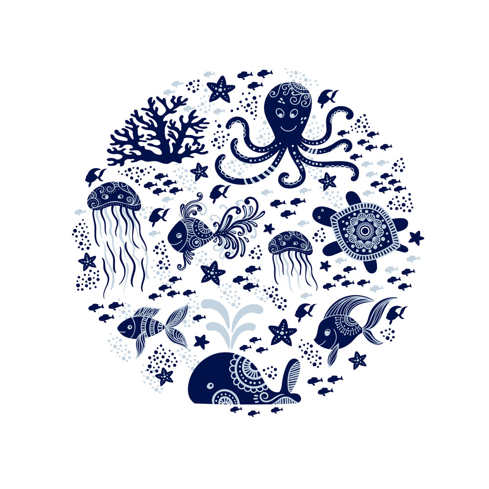 Cartoon sea animals in circle shape. Cute underwater creatures whale, octopus, jellyfish, starfish and turtles. Perfect for greeting cards, prints and children designs. Vector nautical design.. Cartoon sea animals