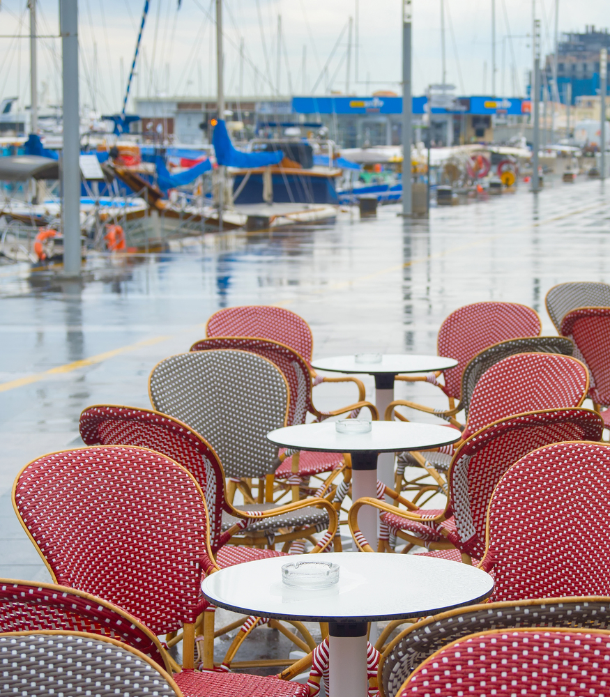 Empty seafront restaurant in Limassol marina. Cyprus