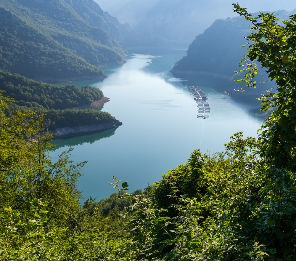 The famous Piva river canyon with its fantastic reservoir Piva Lake (Pivsko Jezero) summer mourning view in Montenegro. Nature travel background.