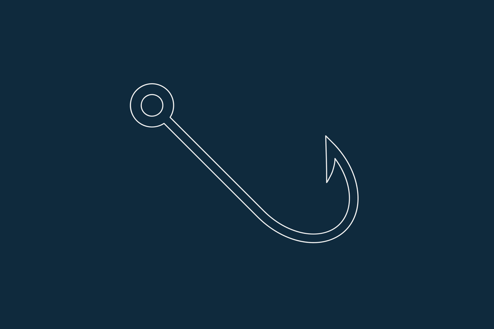 Line drawing vector of a fishing hook on blue