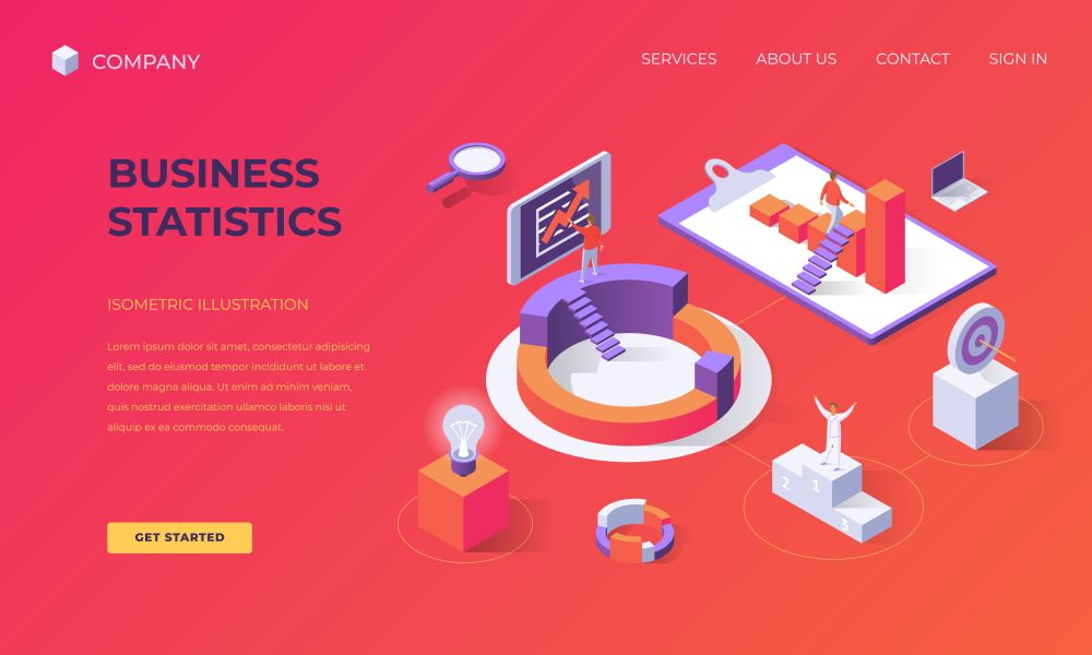 Website landing page, promotion poster, flyer or brochure concept for business statistics, isometric vector illustration