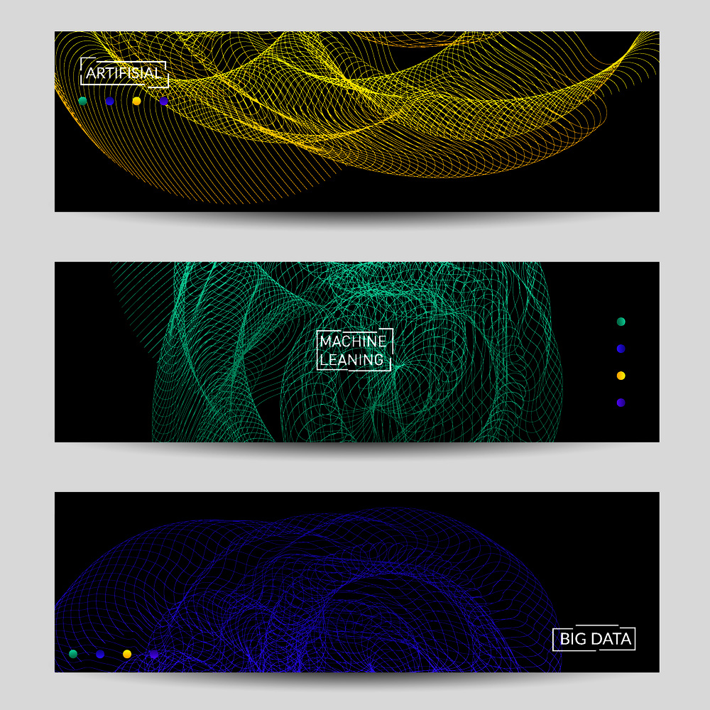 Vector abstract dynamic gradient waves, curvy line on black backgrounds. Modern web banner template with fluid blended curves and bright dots.