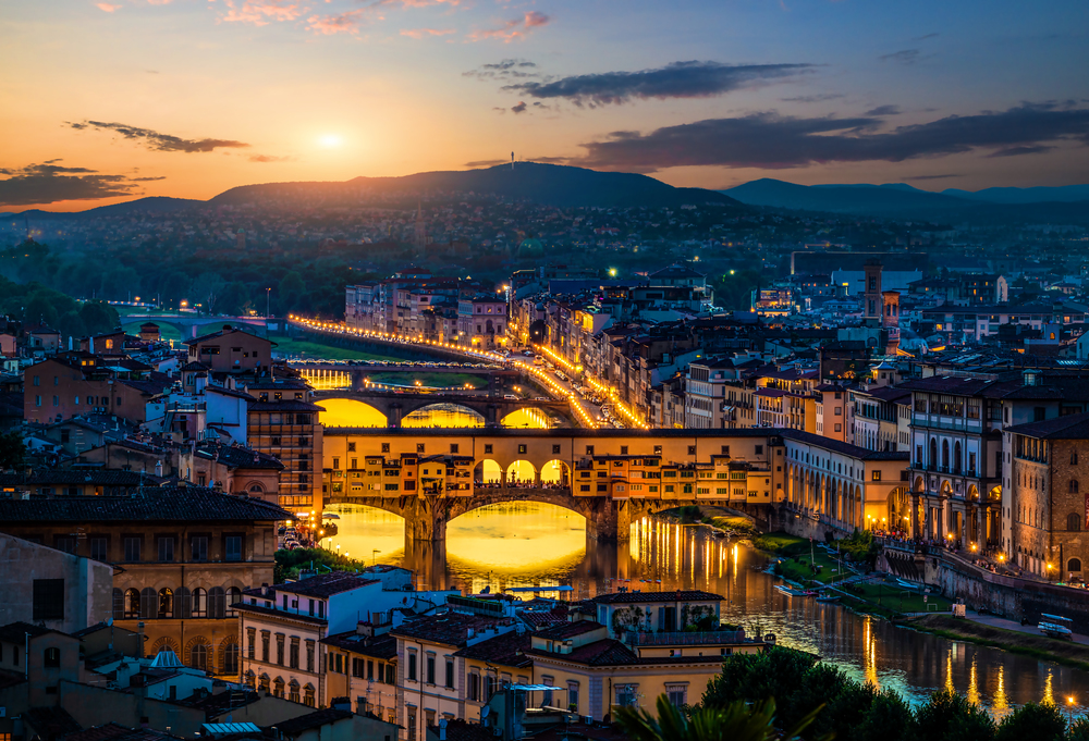 Cityscape and bridges of Florence in early morning