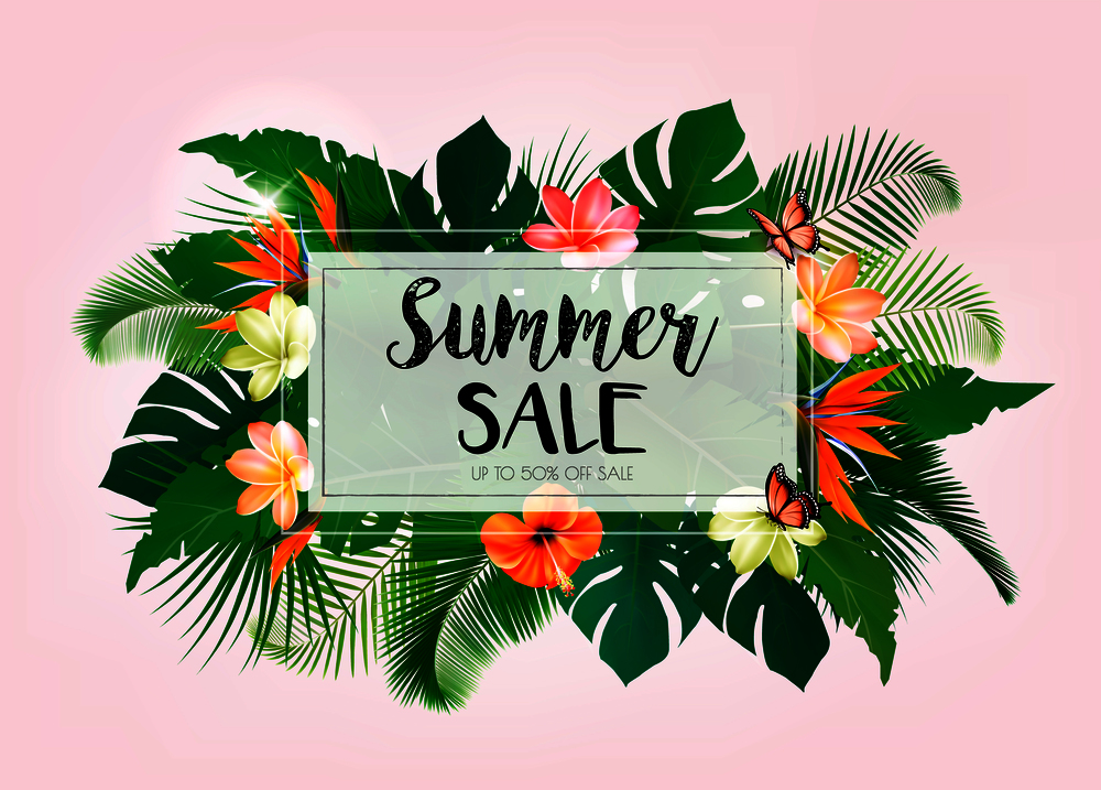 Hot Summer Sale Background With Exotic Leaves And Coloful Flowers. Vector