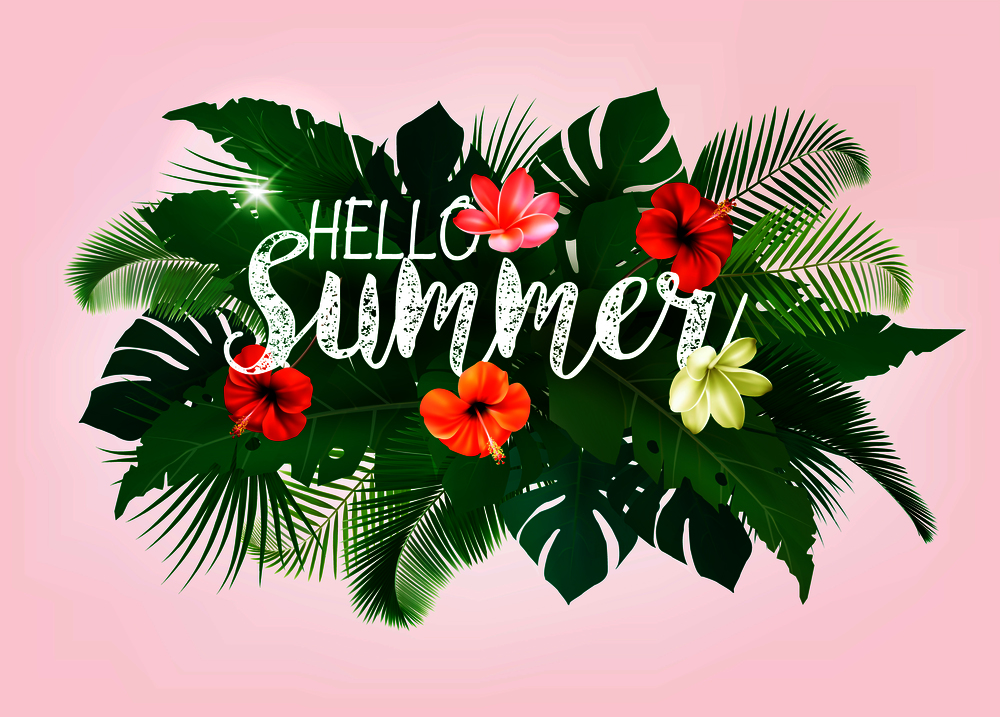 Summer tropical holiday background with exotic palm leaves and flowers. Vector