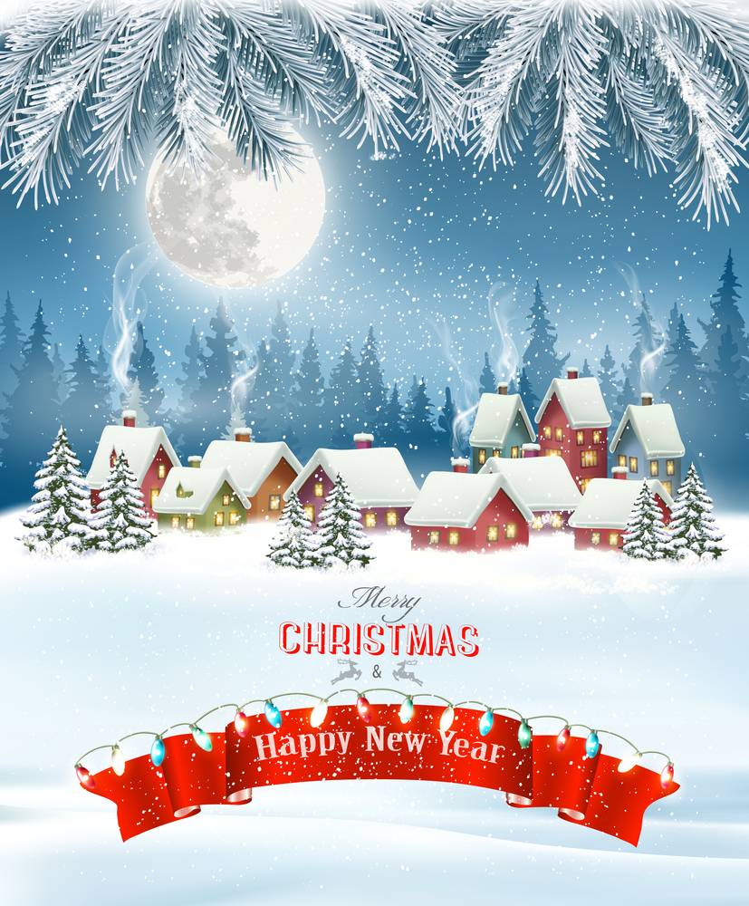 Merry Christmas Background with branches of tree and winter village.Vector