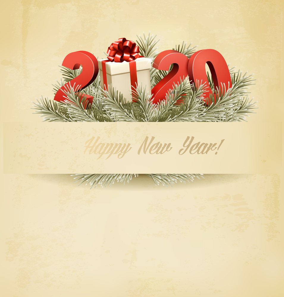 Holiday 2020 New Year background with christmas tree branches and a gift box. Vector.