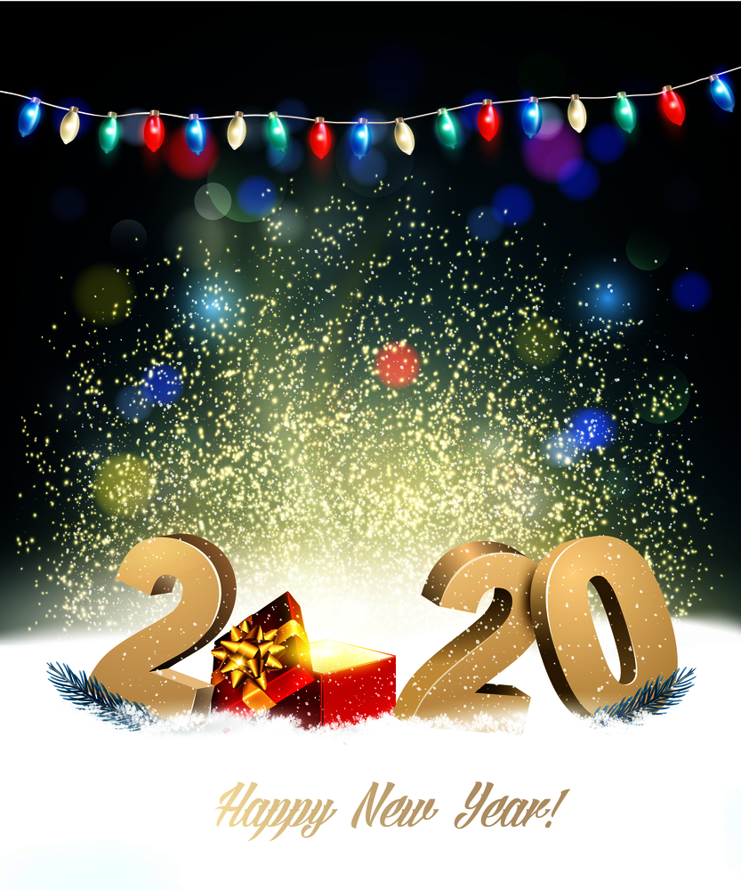 Holiday Christmas Background with 2020 and a red magic box. Vector.