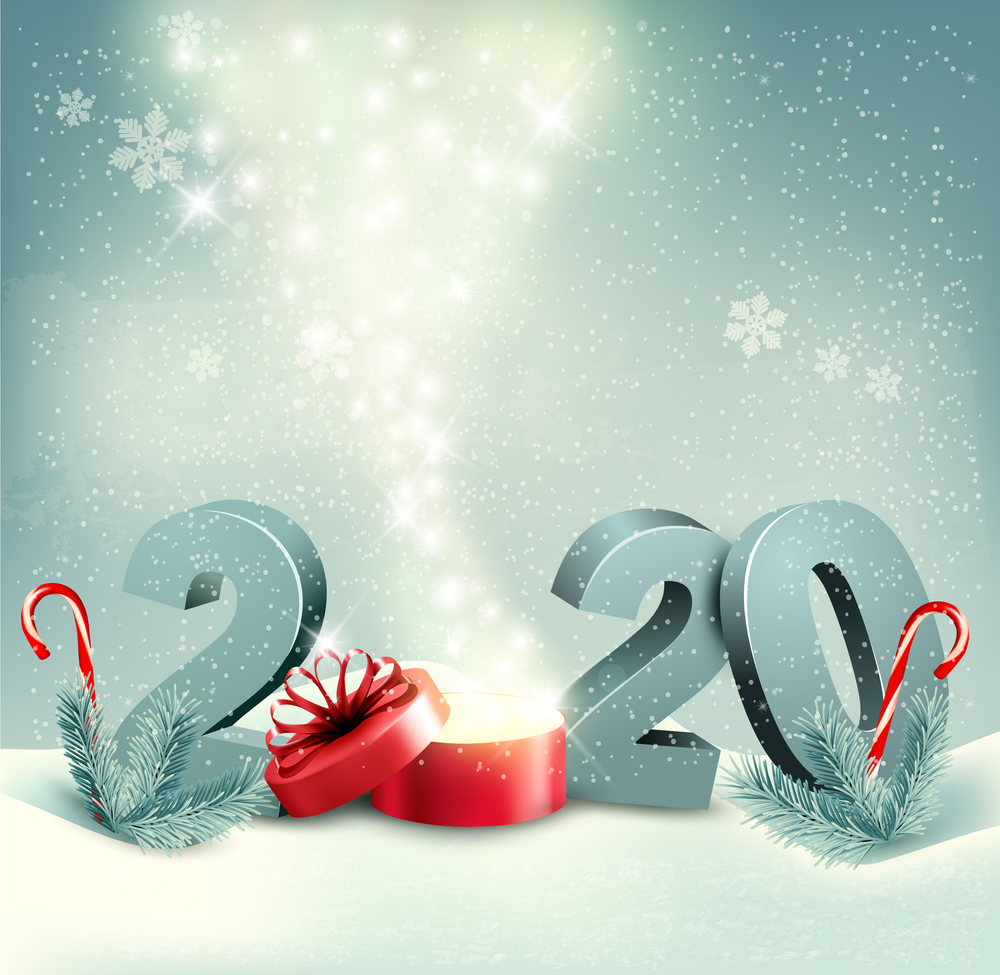 Merry Christmas Retro Background with 2020 and magic box. Vector