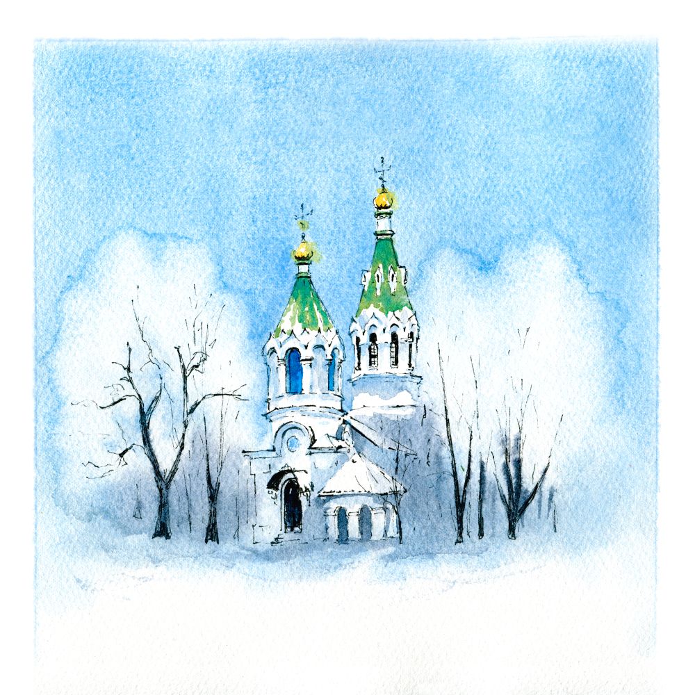 Watercolor sketch of typical orthodox church in the snowy winter day.. Winter typical orthodox church