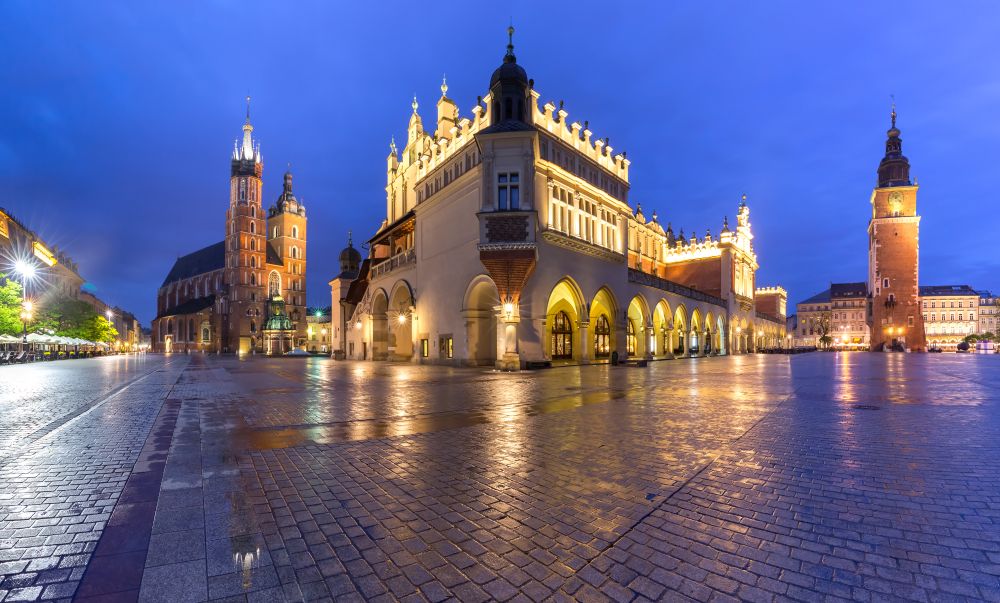 Panorama of Medieval Main market square with Basilica of Saint Mary, Cloth Hall and Town Hall Tower in Old Town of Krakow, Poland. Main market square, Krakow, Poland