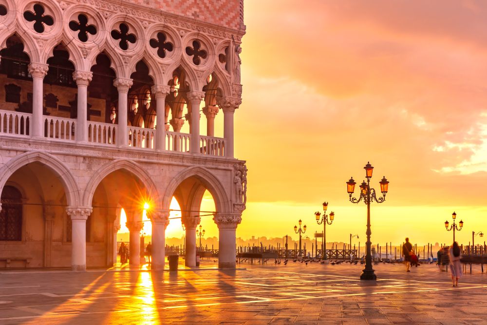 Doge Palace or Palazzo Ducale and Piazzeta San Marco at sunrise in Venice, Italy. San Marco square at night. Venice, Italy