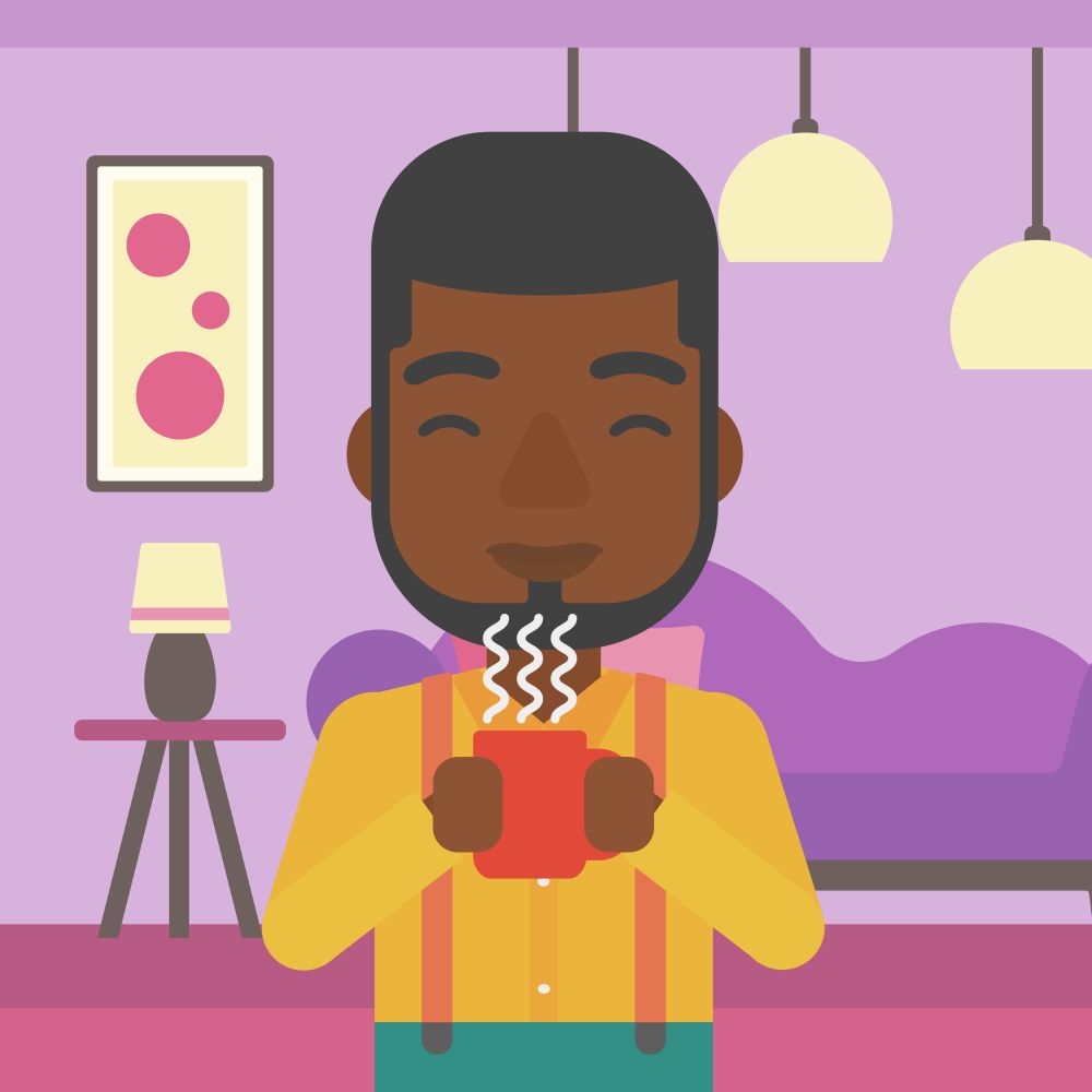 An african-american man drinking hot flavored coffee in living room vector flat design illustration. Square layout.. Man holding cup of coffee.