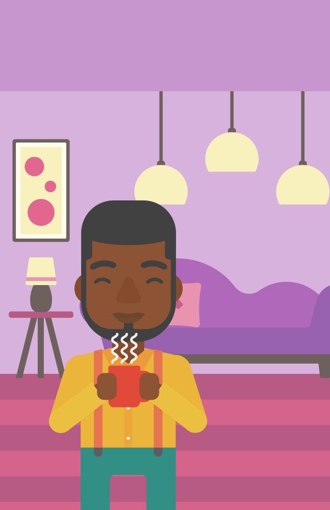 An african-american man drinking hot flavored coffee in living room vector flat design illustration. Vertical layout.. Man holding cup of coffee.