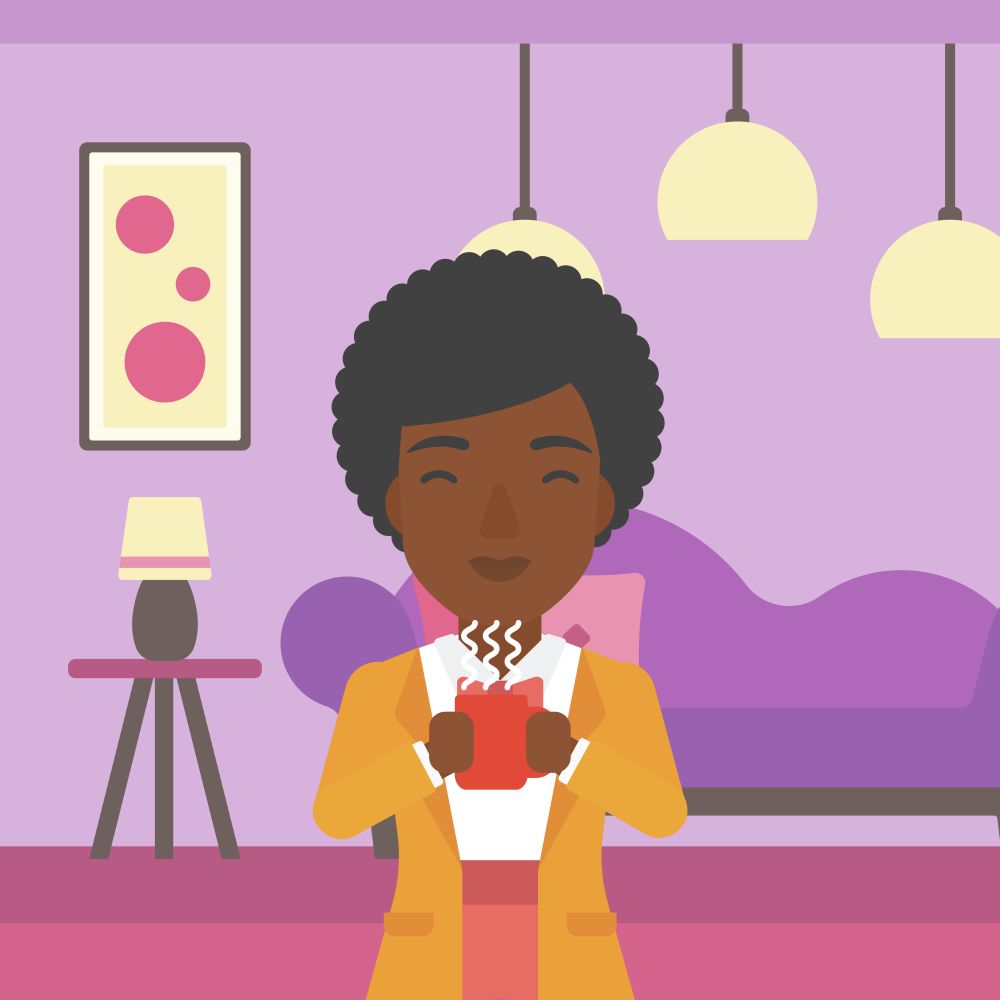 An african-american woman drinking hot flavored coffee in living room vector flat design illustration. Square layout.. Woman sitting with cup of coffee.