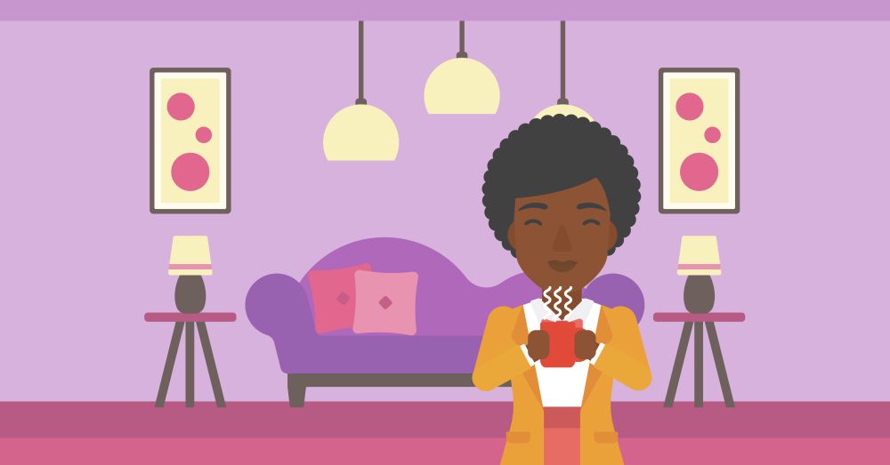 An african-american woman drinking hot flavored coffee in living room vector flat design illustration. Horizontal layout.. Woman sitting with cup of coffee.