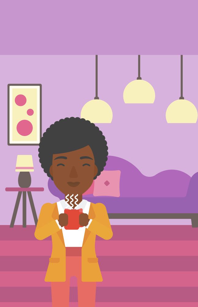 An african-american woman drinking hot flavored coffee in living room vector flat design illustration. Vertical layout.. Woman sitting with cup of coffee.