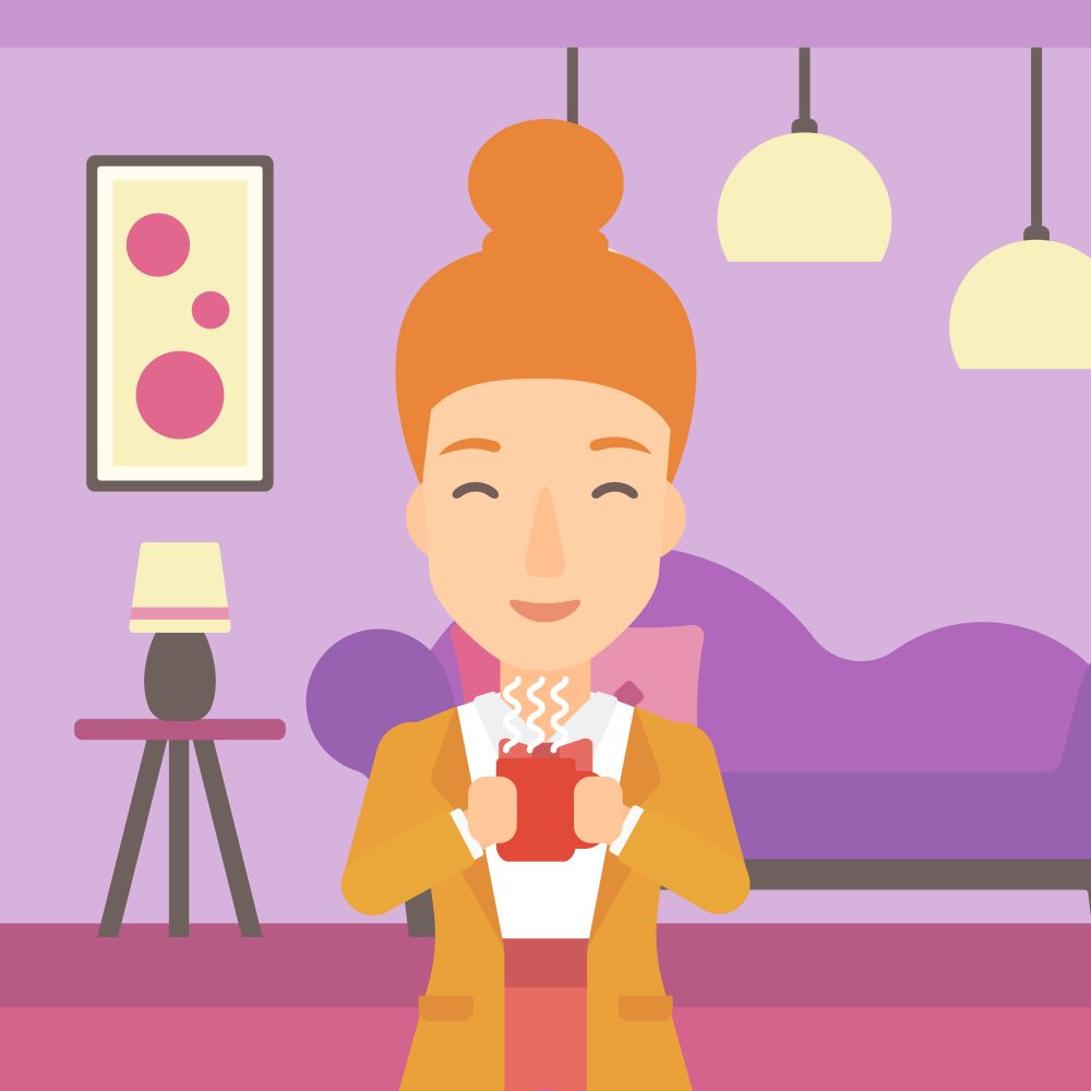A smiling woman drinking hot flavored coffee in living room vector flat design illustration. Square layout.. Woman sitting with cup of coffee.