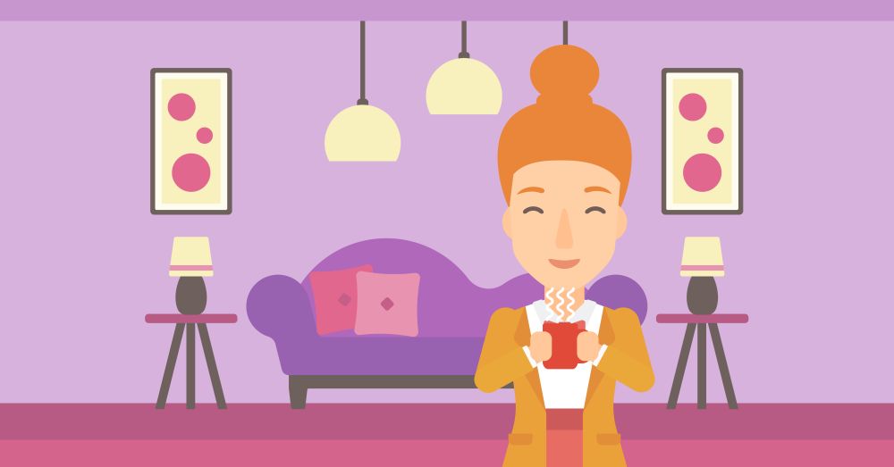 A smiling woman drinking hot flavored coffee in living room vector flat design illustration. Horizontal layout.. Woman sitting with cup of coffee.