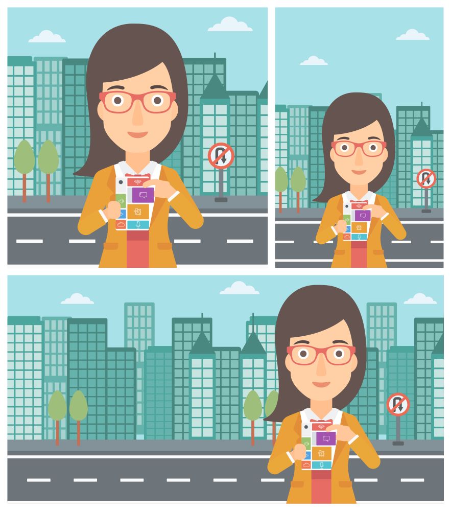 Smiling woman holding modular phone. Young woman with modular phone standing on a city background. Woman using modular phone. Vector flat design illustration. Square, horizontal, vertical layouts.. Woman with modular phone vector illustration.