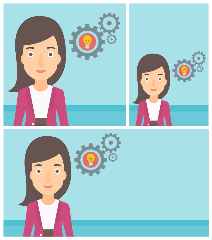 Young business woman having a business idea. Successful business idea concept. Business woman with business idea bulb in gear. Vector flat design illustration. Square, horizontal, vertical layouts.. Woman with bulb and gears vector illustration.