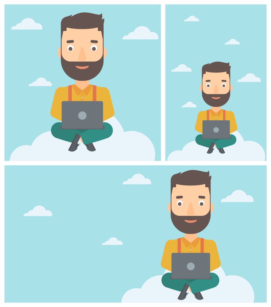 A hipster man sitting on a cloud with a laptop on his knees. Happy man using cloud computing technology. Cloud computing concept. Vector flat design illustration. Square, horizontal, vertical layouts.. Man using cloud computing technology.