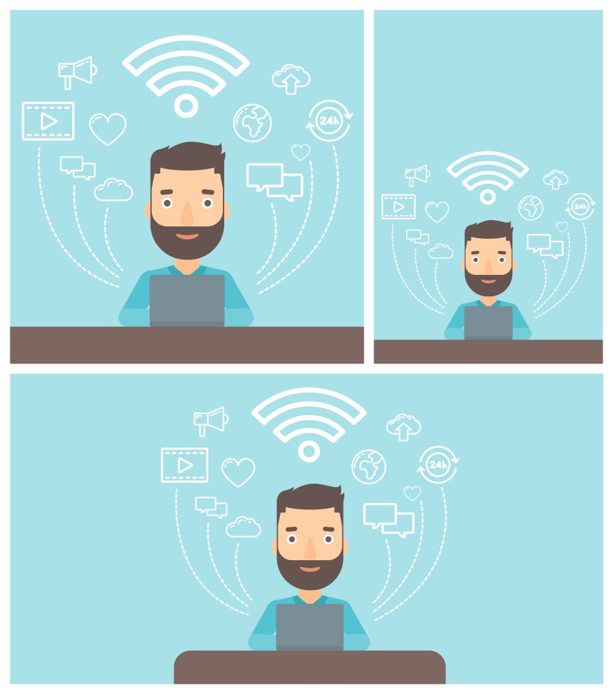 Young hipster man with the beard working on a laptop and social computer network icons above him. Vector flat design illustration. Square, horizontal, vertical layouts.. Man working on laptop vector illustration.