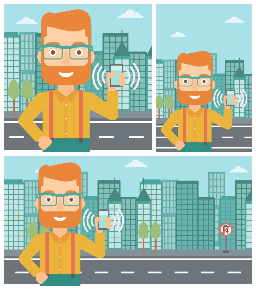 Hipster man holding ringing mobile phone on a city background. Man answering a phone call. Man with ringing phone in hand. Vector flat design illustration. Square, horizontal, vertical layouts.. Man holding ringing telephone.