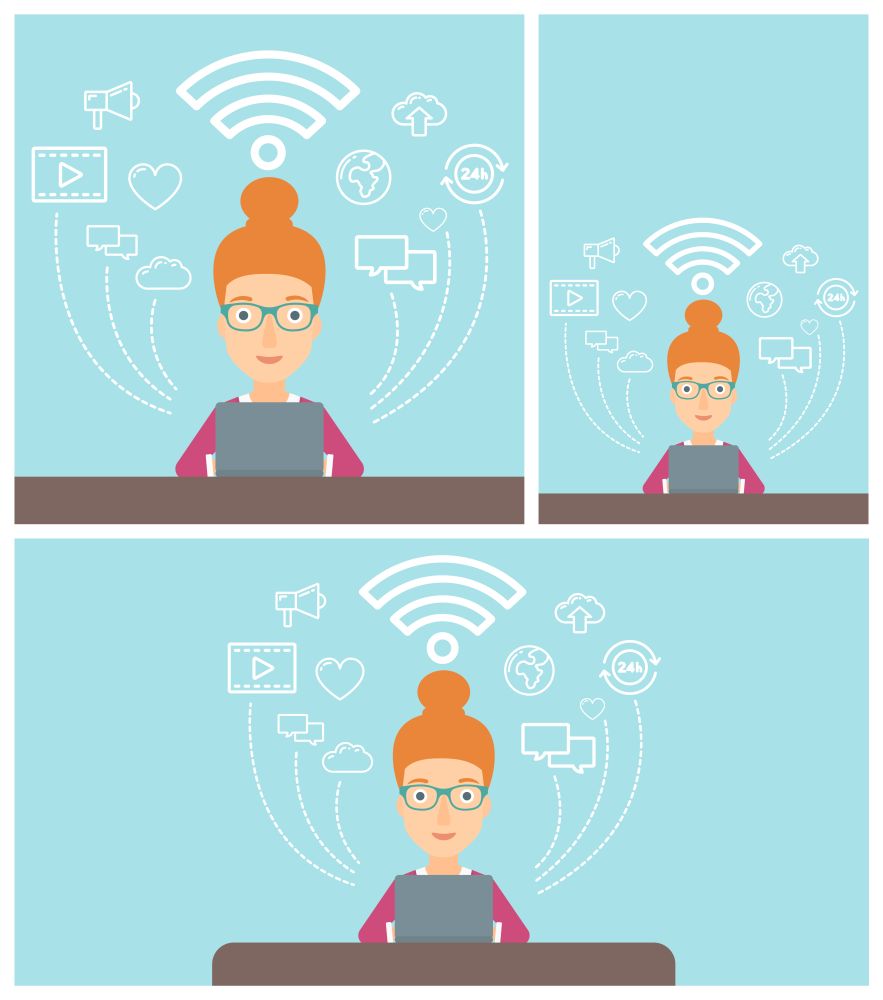 Young woman working on a laptop and social computer network icons above him. Vector flat design illustration. Square, horizontal, vertical layouts.. Woman working on laptop vector illustration.