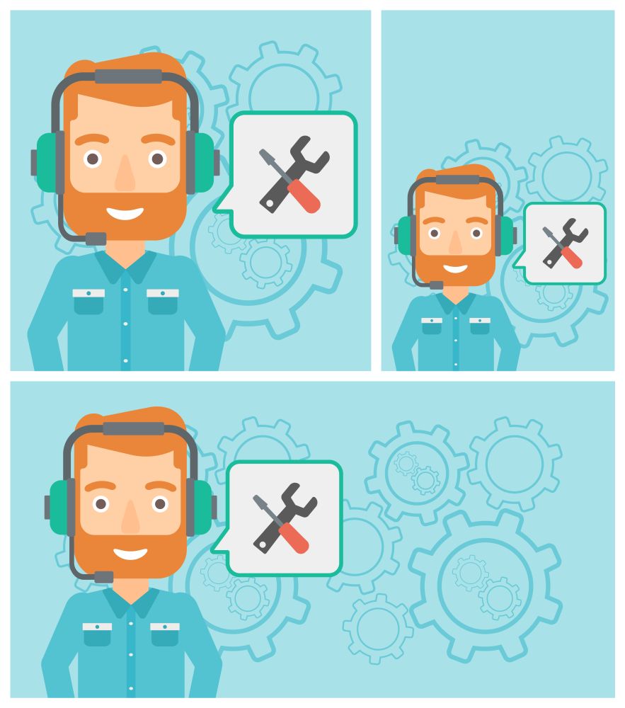 Operator of technical support wearing headphone set. Technical support operator and speech square with screwdriver and wrench. Vector flat design illustration. Square, horizontal, vertical layouts.. Technical support operator vector illustration.