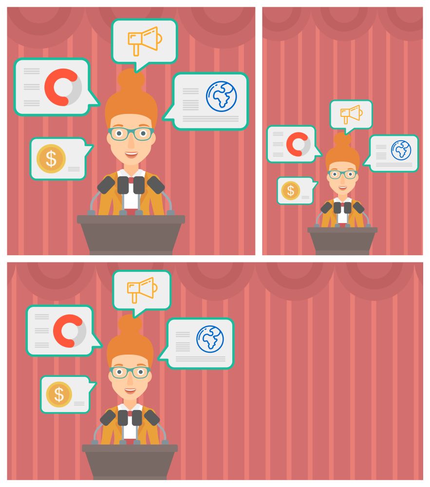 Speaker standing on a podium with microphones at business conference. Woman giving speech at podium and speech squares around her. Vector flat design illustration. Square, horizontal, vertical layouts. Female speaker on the podium vector illustration.