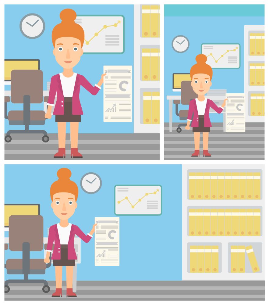 Young woman showing her business presentation with some text and charts. Woman giving a business presentation in the office. Vector flat design illustration. Square, horizontal, vertical layouts.. Woman making business presentation.