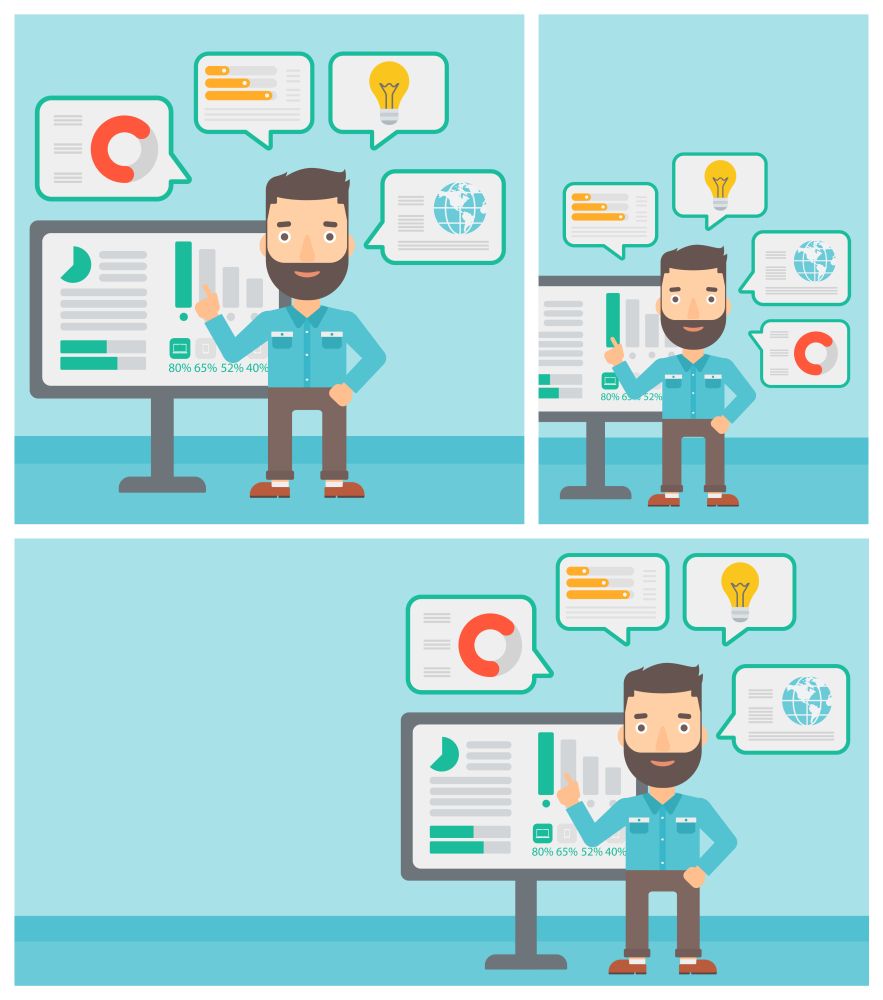 Young businessman pointing at charts on a board during business presentation. Man giving a business presentation. Business presentation in progress. Vector flat design illustration in the circle.. Man making business presentation.