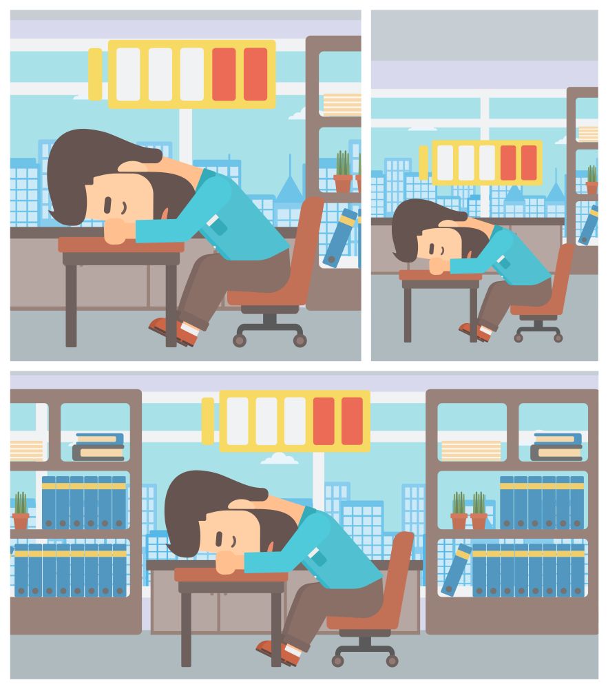 Hipster man sleeping at workplace on laptop keyboard and low power battery sign over his head. Man sleeping in the office. Vector flat design illustration. Square, horizontal, vertical layouts.. Man sleeping at workplace vector illustration.