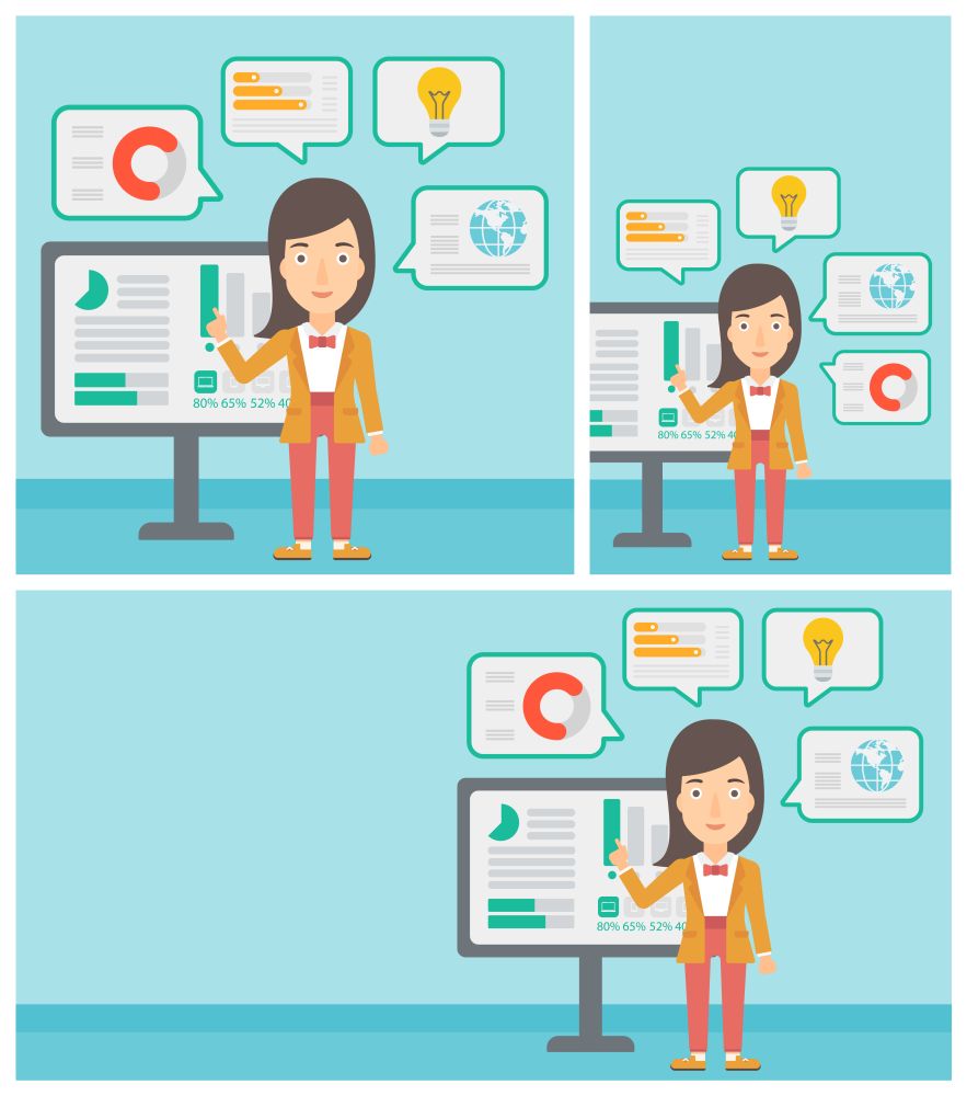 Young business woman pointing at charts on a board during business presentation. Woman giving a business presentation. Business presentation in progress. Vector flat design illustration in the circle.. Woman making business presentation.