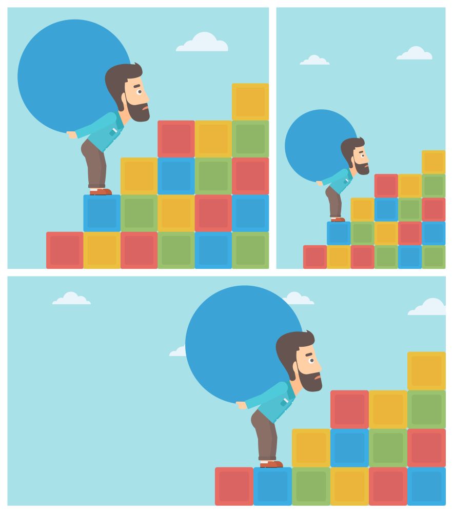 Tired hipster man rising up on the colored cubes and carrying a big stone on his back. Man with huge concrete ball. Vector flat design illustration. Square, horizontal, vertical layouts.. Man carrying concrete ball uphill.