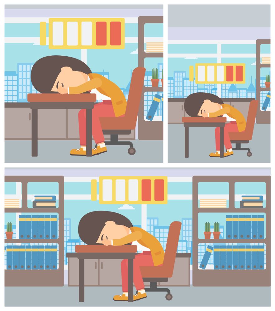 Young woman sleeping at workplace on laptop keyboard and low power battery sign over her head. Business woman sleeping in office. Vector flat design illustration. Square, horizontal, vertical layouts.. Woman sleeping at workplace vector illustration.
