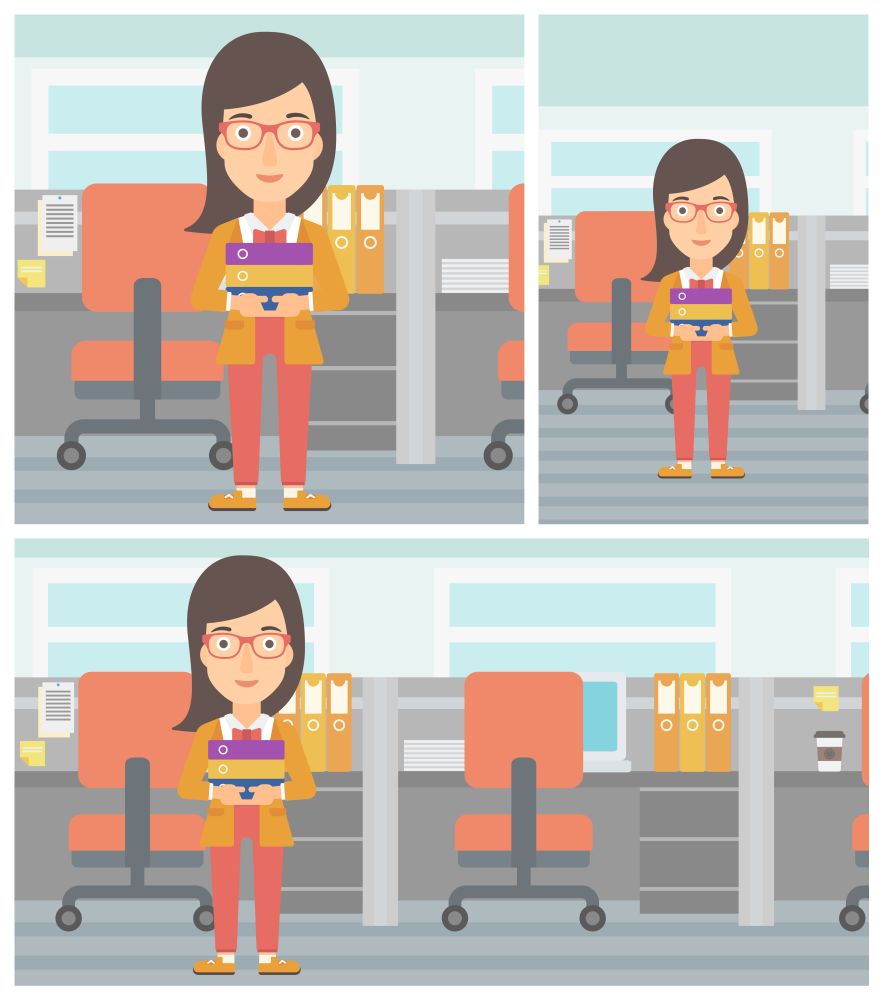 Young business woman standing with pile of folders in the office. Business woman carrying stack of folders. Vector flat design illustration. Square, horizontal, vertical layouts.. Business woman holding pile of folders.
