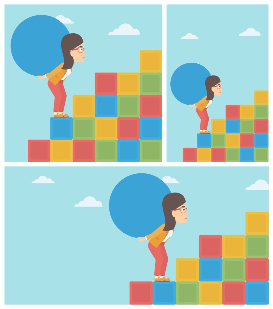 Tired woman rising up on the colored cubes and carrying a big stone on her back. Young woman with huge concrete ball going up. Vector flat design illustration. Square, horizontal, vertical layouts.. Woman carrying concrete ball uphill.