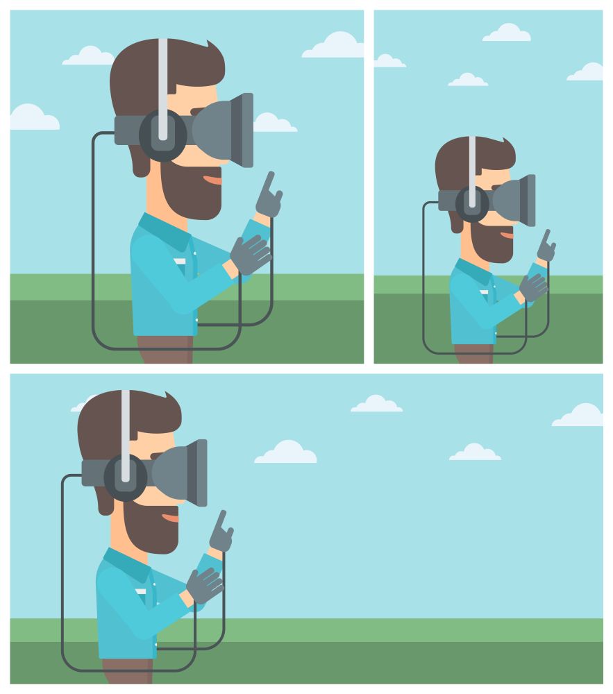 Hipster man wearing a virtual reality headset. Man playing video games outdoor. Man wearing gamer gloves. Vector flat design illustration. Square, horizontal, vertical layouts.. Man in virtual reality headset playing video game.