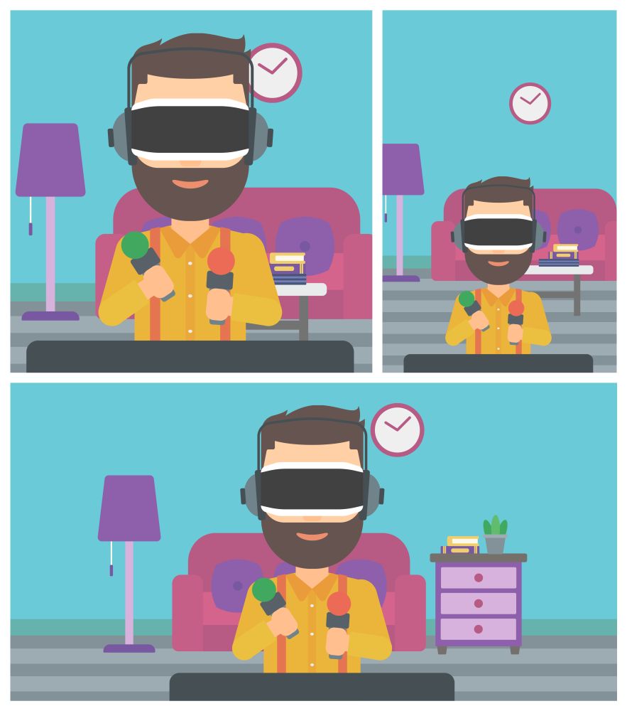 Young man wearing virtual reality headset and holding motion controllers in hands. Hipster man playing video games in apartment. Vector flat design illustration. Square, horizontal, vertical layouts.. Man in virtual reality headset playing video game.