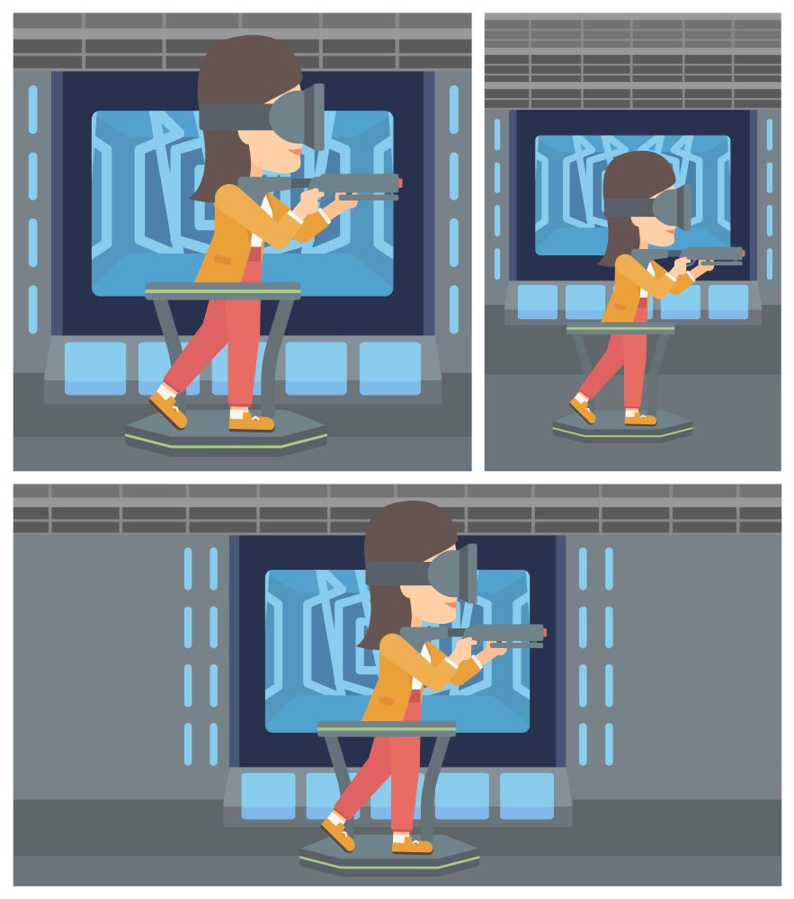 Young woman wearing virtual reality headset. Woman playing video game while standing on a treadmill with a gun in hands. Vector flat design illustration. Square, horizontal, vertical layouts.. Woman wearing virtual reality headset.