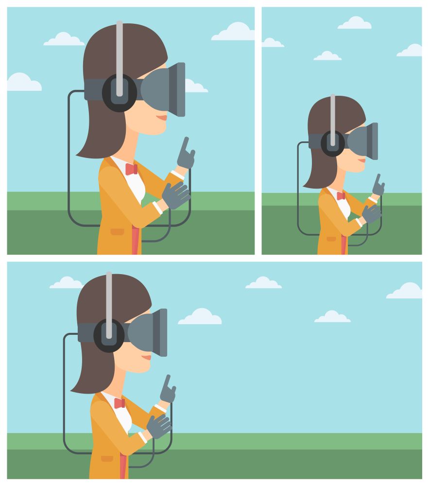 Young woman wearing a virtual reality headset. Woman playing video games outdoor. Woman wearing gamer gloves. Vector flat design illustration. Square, horizontal, vertical layouts.. Woman wearing virtual reality headset.