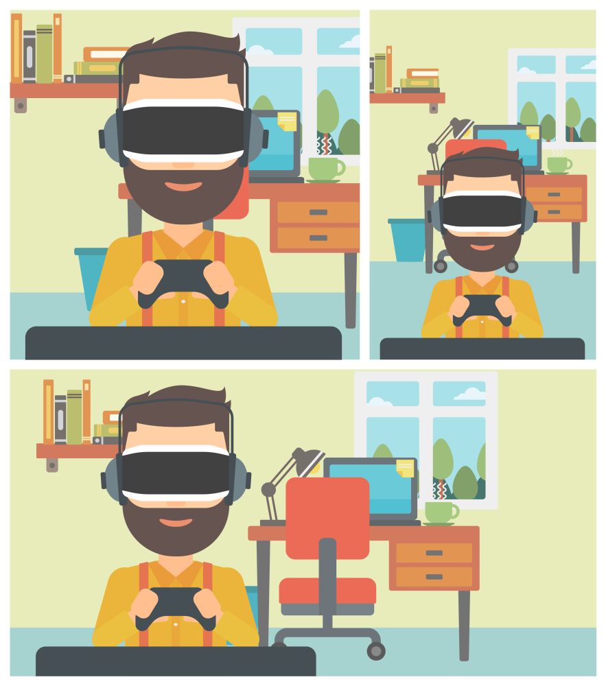 A hipster man with the beard wearing a virtual reality headset. Young man playing video game with game controller in hands. Vector flat design illustration. Square, horizontal, vertical layouts.. Man wearing virtual reality headset.