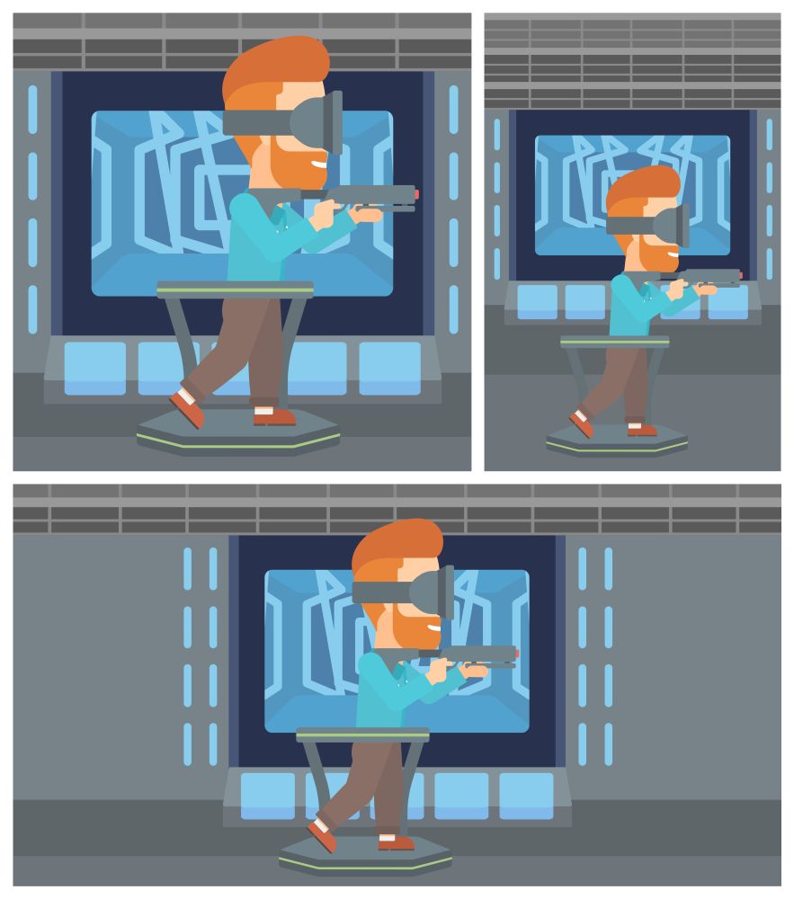 Hipster man wearing virtual reality headset. Young man playing video game while standing on a treadmill with a gun in hands. Vector flat design illustration. Square, horizontal, vertical layouts.. Man in virtual reality headset playing video game.