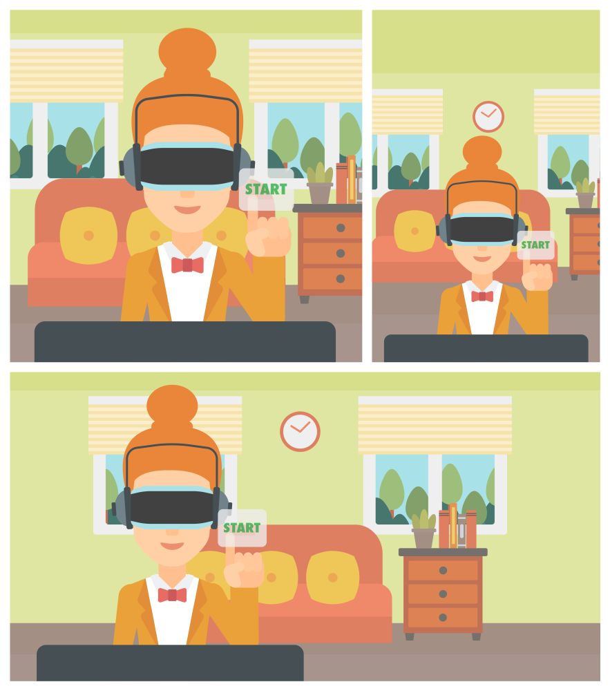 Woman wearing a virtual reality headset and playing video game. Woman in a virtual reality headset pushing virtual button start. Vector flat design illustration. Square, horizontal, vertical layouts.. Woman wearing virtual reality headset.