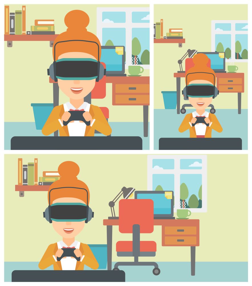 Young woman wearing a virtual reality headset. Smiling woman playing video games with a wireless game controller in hands. Vector flat design illustration. Square, horizontal, vertical layouts.. Woman wearing virtual reality headset.
